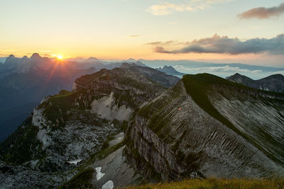 Scenic view of mountains against sky during sunset