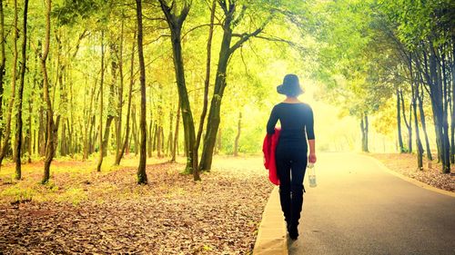 Rear view of woman walking on road in forest