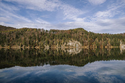 Scenic view of lake by trees against sky