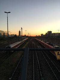 High angle view of railroad track at sunset