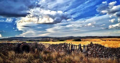 Scenic view of field against cloudy sky