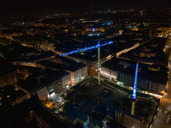 Aerial wide panorama of new town hall and marienplatz at night munich city