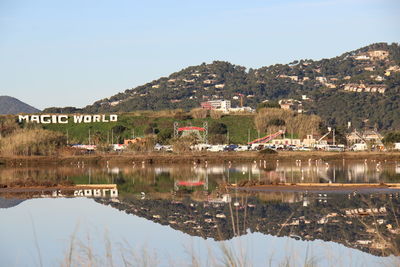 Scenic view of lake by buildings against clear sky