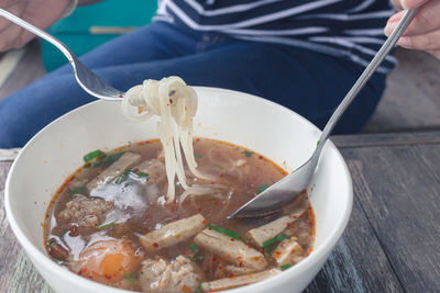 Close-up of soup in bowl on table