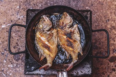 Directly above shot of cooked fish in pan