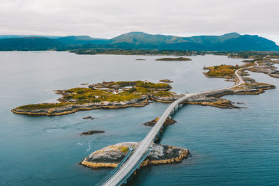 Aerial view of bridge over sea against sky