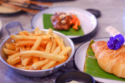 Close-up of food served on table