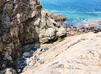 High angle view of rocks on shore