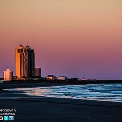 City skyline at sunset