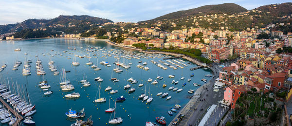 High angle view of boats moored in harbor