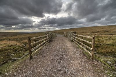 Dirt road passing through landscape against cloudy sky