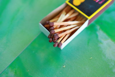 High angle view of matchsticks in box on table