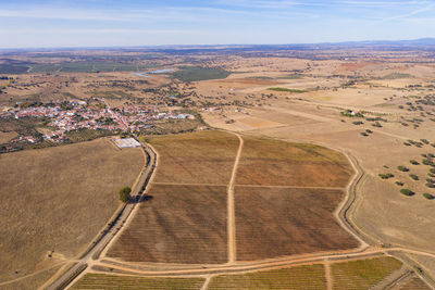 High angle view of land against sky