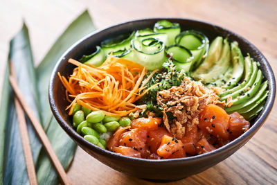 High angle view of vegetables in bowl on table