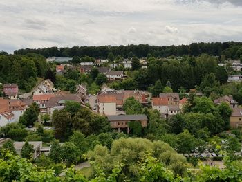 Houses by trees against sky