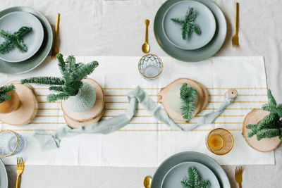 Christmas table setting. spruce branches on plates and in vases with gold cutlery