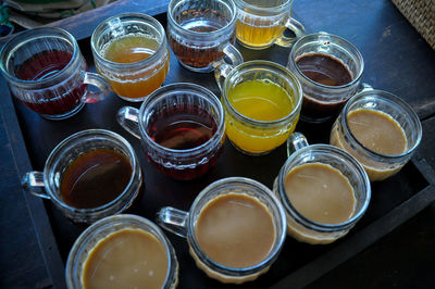 High angle view of wine glasses