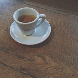 High angle view of coffee cup on table