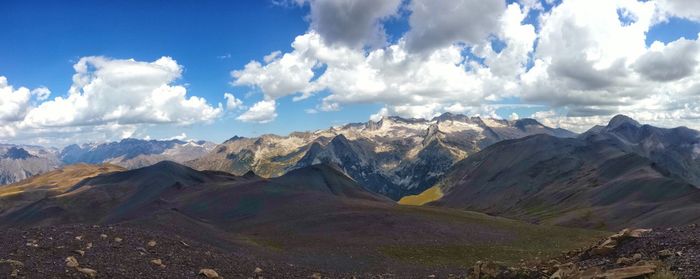 Scenic view of mountains against cloudy sky