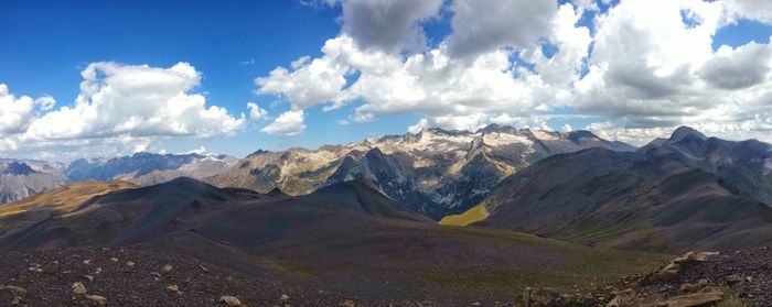 Scenic view of mountains against cloudy sky