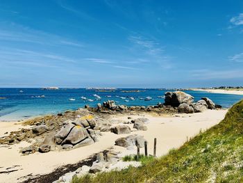 Scenic view of beach against blue sky