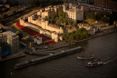 High angle view of boats in river