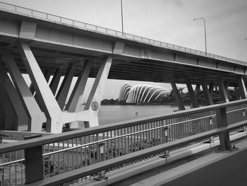 Bridge over road in city against sky