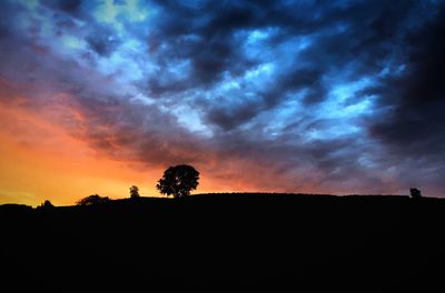 Silhouette trees on landscape against sky at sunset