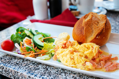 Close-up of food served on table