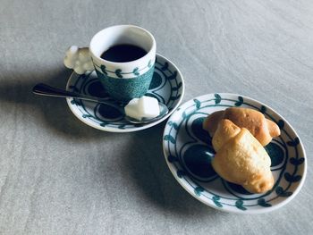 High angle view of breakfast served on table