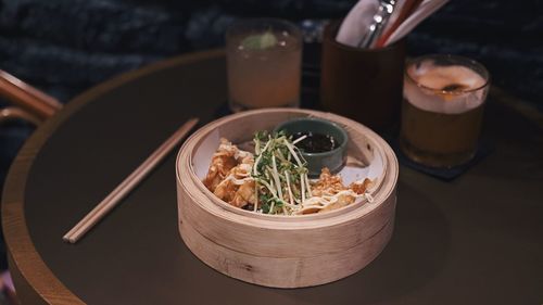 High angle view of food in bowl on table