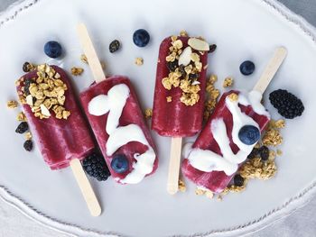 Directly above shot of popsicles with granola and fruits on plate