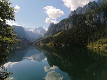 Scenic view of lake and mountains against sky