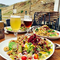 High angle view of food served on table