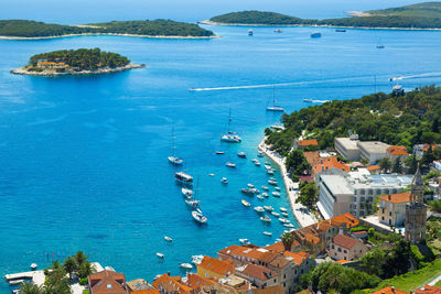 High angle view of town by sea