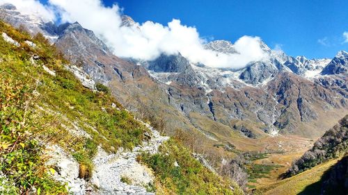 Panoramic view of snowcapped mountains against sky