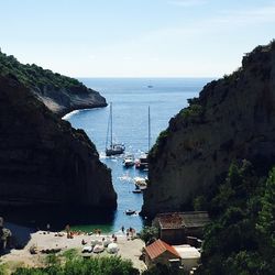 Panoramic view of sea and rocks against sky