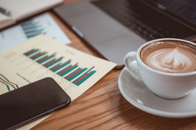 High angle view of coffee on table