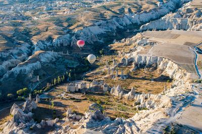 View of hot air balloon over rocks
