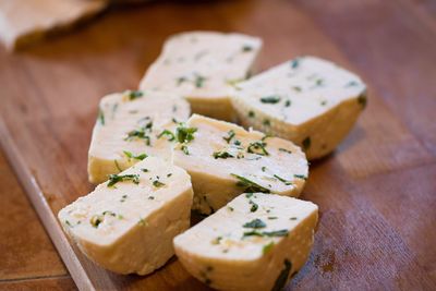 High angle view of food served on cutting board