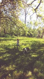 Woman with dog walking on field