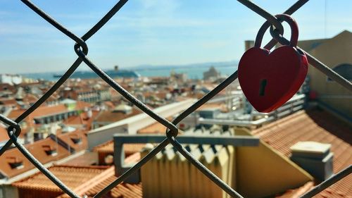 Close-up of padlock on chainlink fence