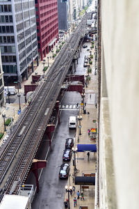 High angle view of railroad tracks in city