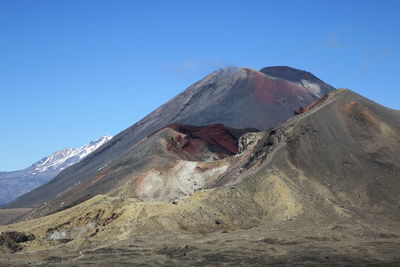 Low angle view of volcanic mountain against blue sky