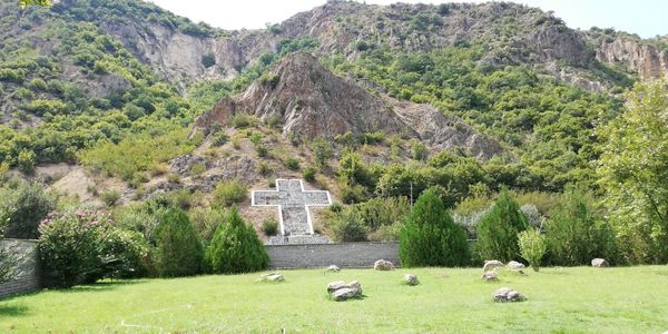 Scenic view of historic building on mountain