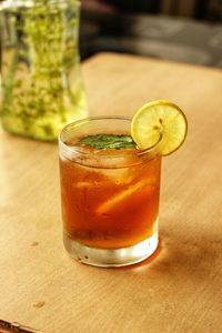 Close-up of beer glass on table