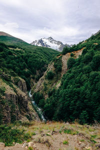 Scenic view of mountains while hiking to laguna cerro castillo in patagonia.