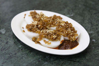 High angle view of dessert in plate