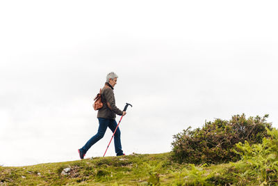 Side view of elderly woman with backpack and walking stick strolling on grassy slope towards mountain peak during trip in nature