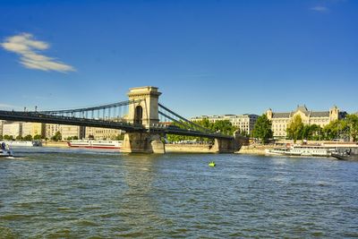 Bridge over river in city against blue sky